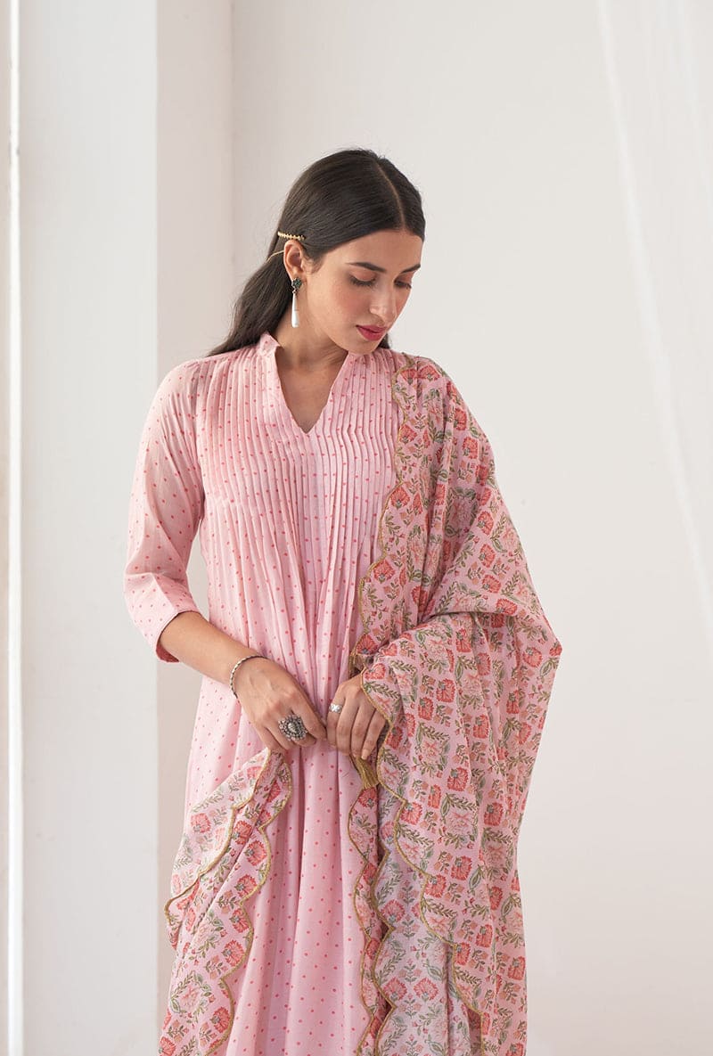 Powder Pink Polka Dot Print A-Line Iris Kurta Set