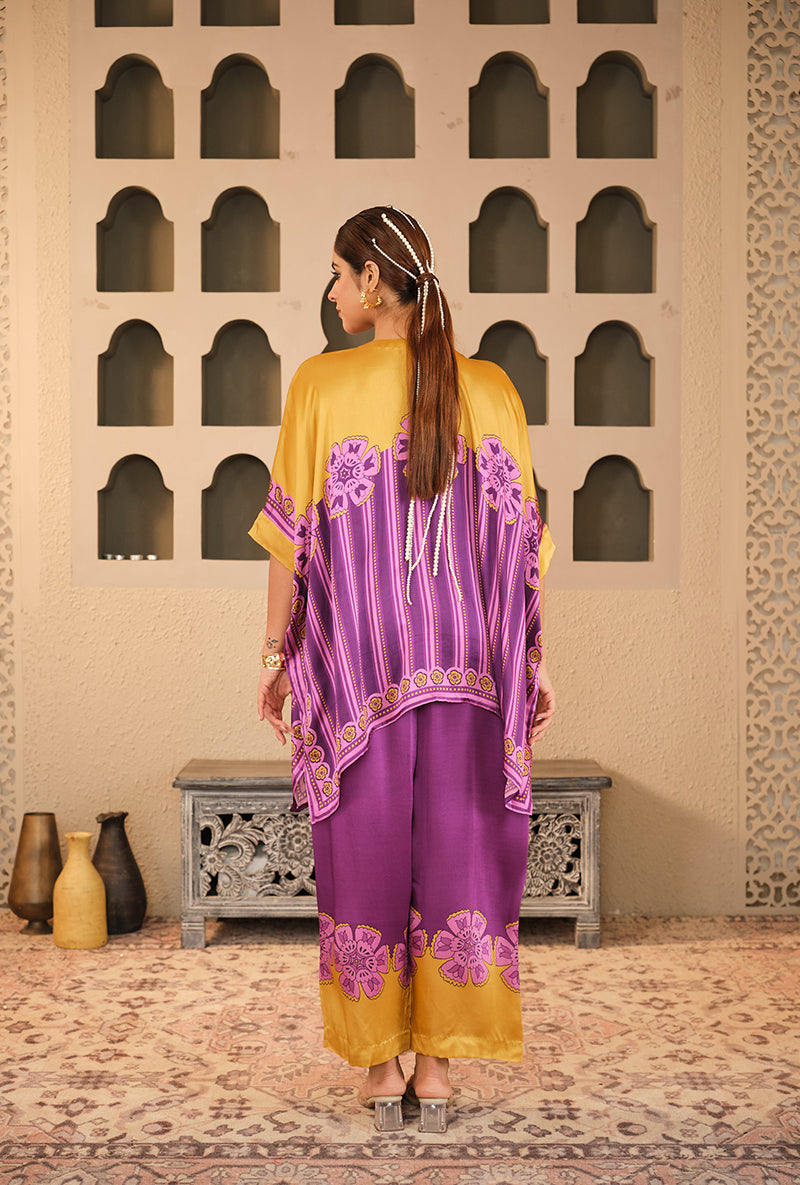 Purple-Mustard Stripes Asymmetric Goonj Co-Ord Set