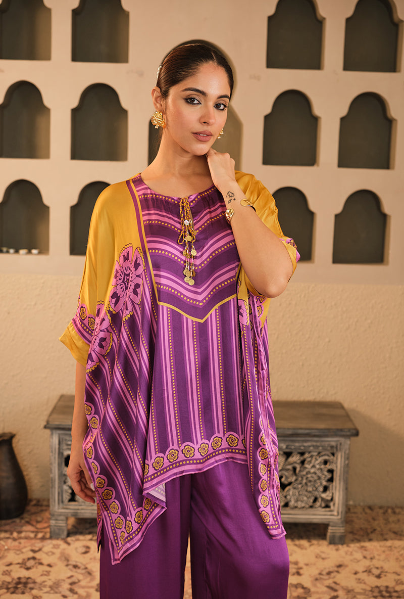 Purple-Mustard Stripes Asymmetric Goonj Co-Ord Set