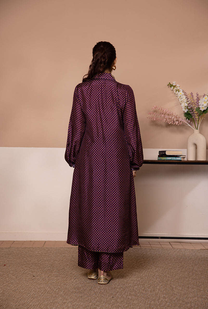 Purple Cheent Print Collar Shaheen Kurta Set