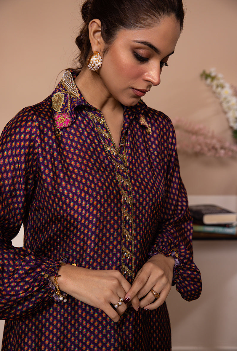 Purple Cheent Print Collar Shaheen Kurta Set