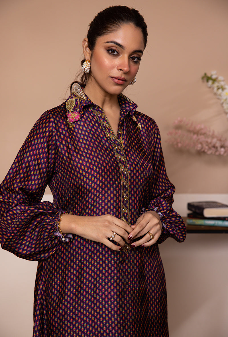 Purple Cheent Print Collar Shaheen Kurta Set