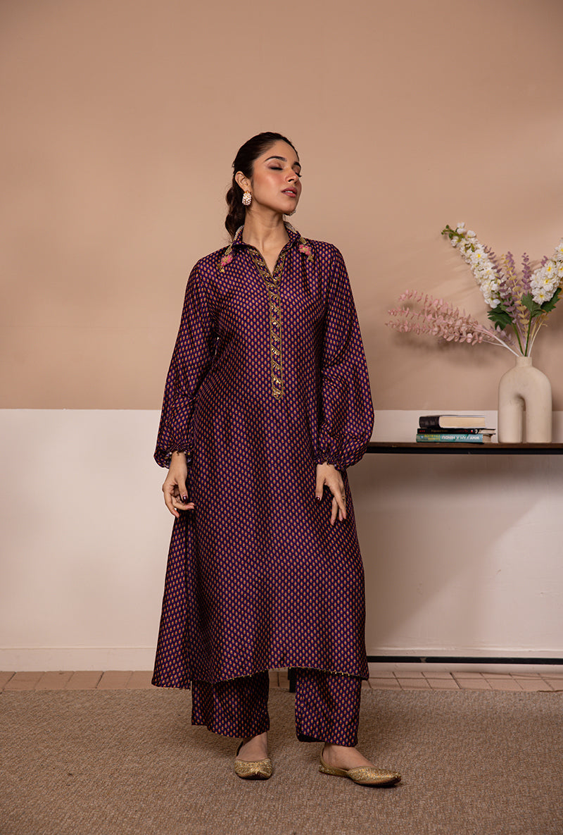 Purple Cheent Print Collar Shaheen Kurta Set