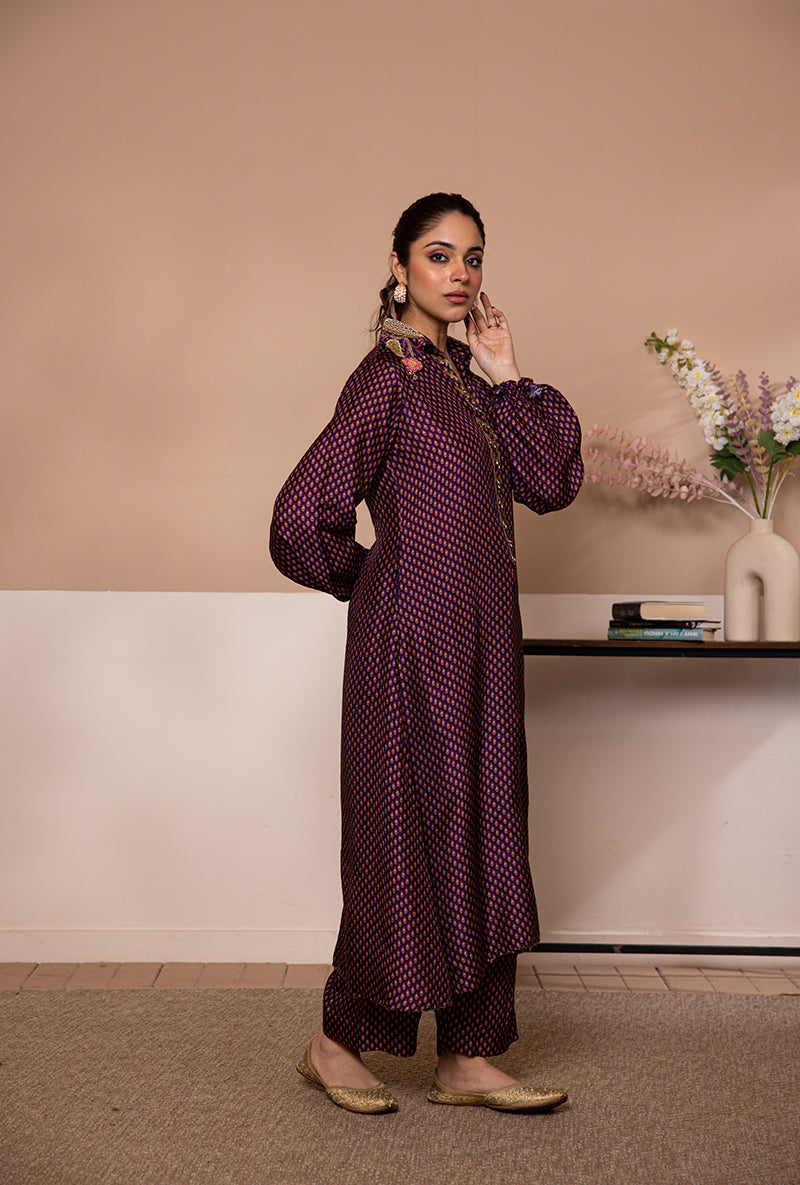 Purple Cheent Print Collar Shaheen Kurta Set
