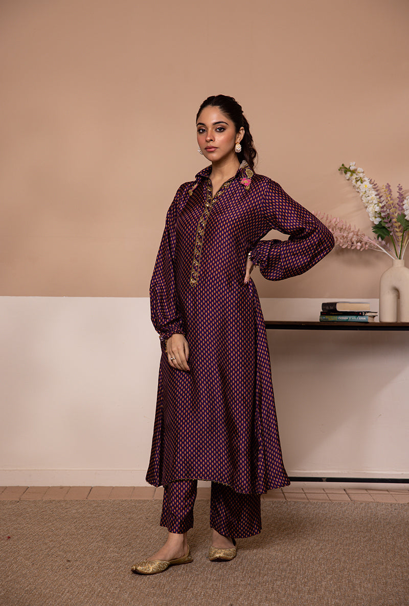 Purple Cheent Print Collar Shaheen Kurta Set