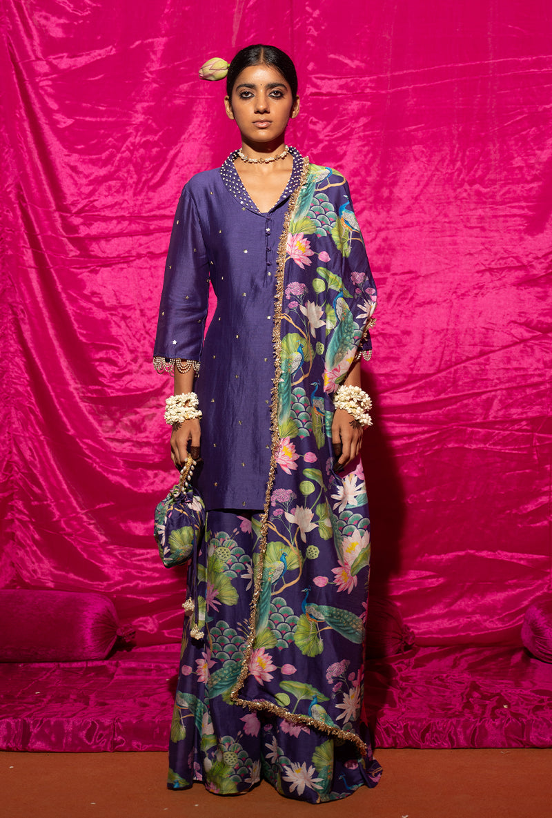 Purple Printed Kamli Sharara Set