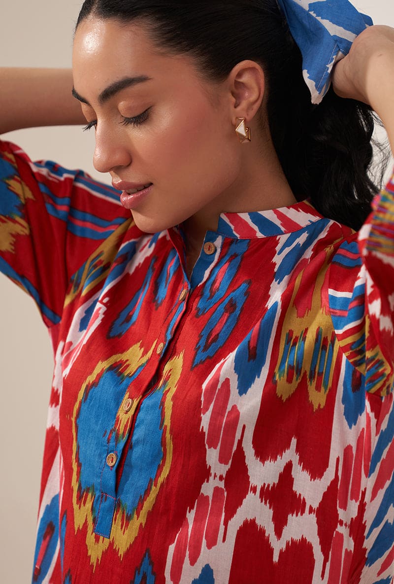 Red Multi Ikat Lovebirds Kurta Set
