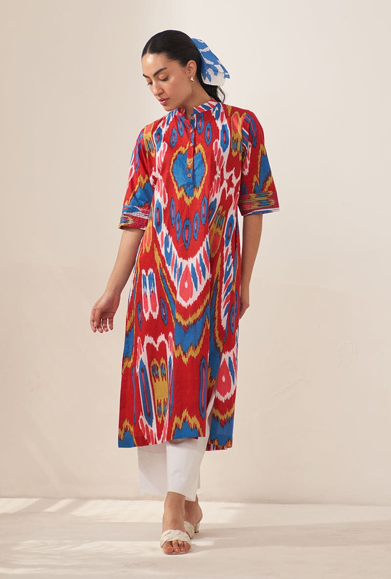 Red Multi Ikat Lovebirds Kurta Set