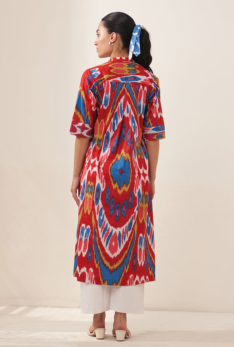 Red Multi Ikat Lovebirds Kurta Set
