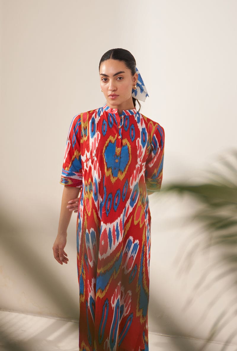 Red Multi Ikat Lovebirds Kurta Set