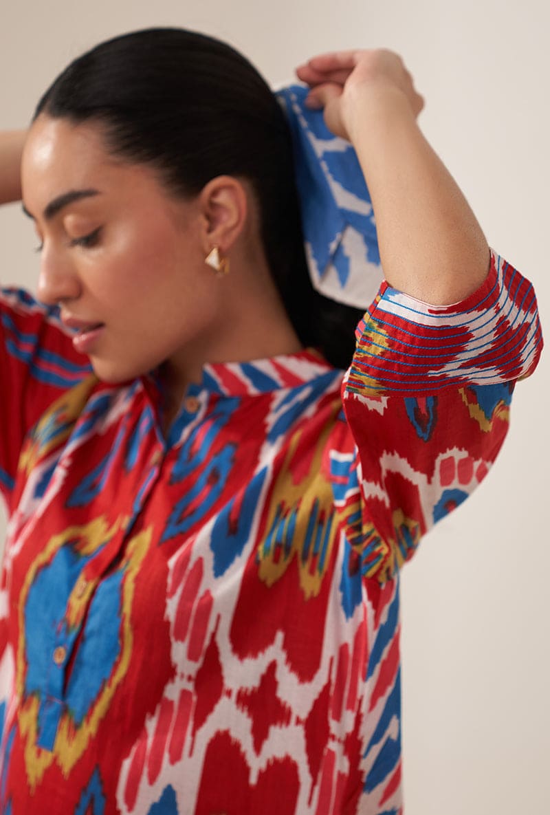 Red Multi Ikat Lovebirds Kurta Set