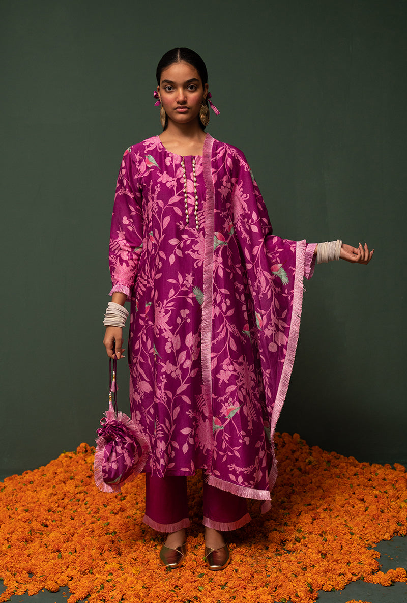 Wine Printed Long Sasha Kurta Set