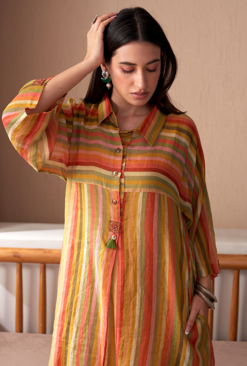 Mustard Anti Fit Stripe Bageecha Kurta Set