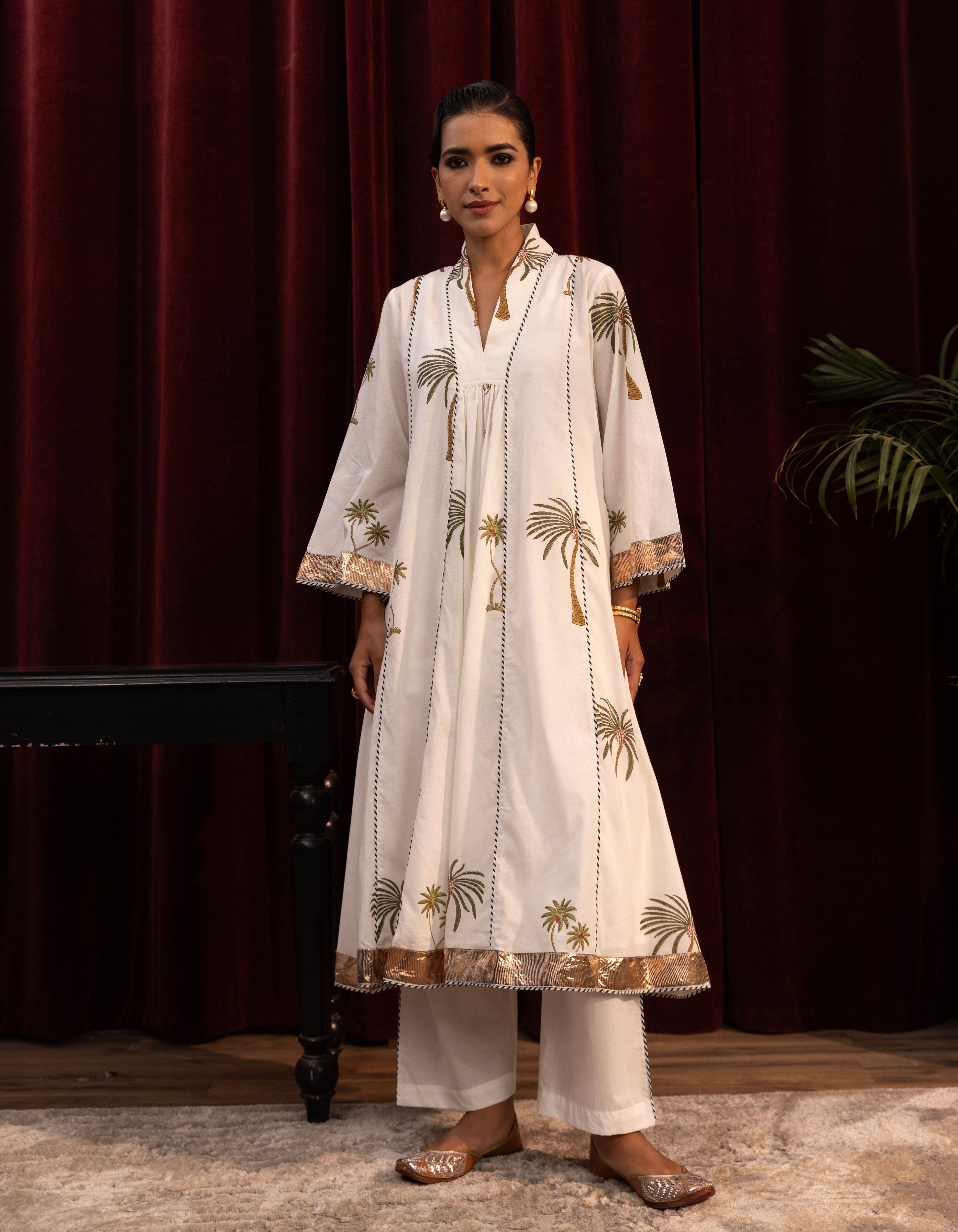 White Palm Print Kali Mogra Kurta Set