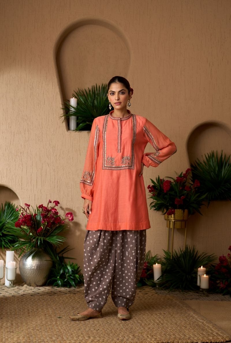 Peach Bandhej Dhoti Naveli Kurta Set