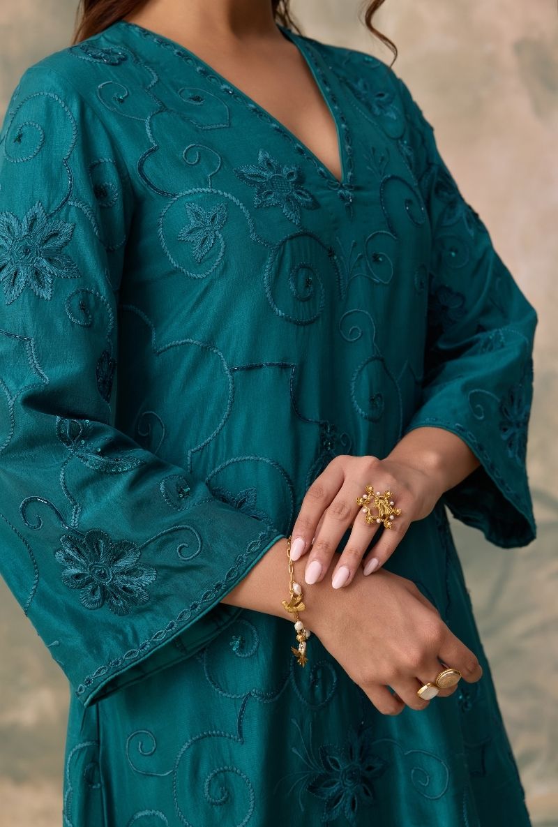 Teal Green All Over Thread Work Jalsa Kurta Set