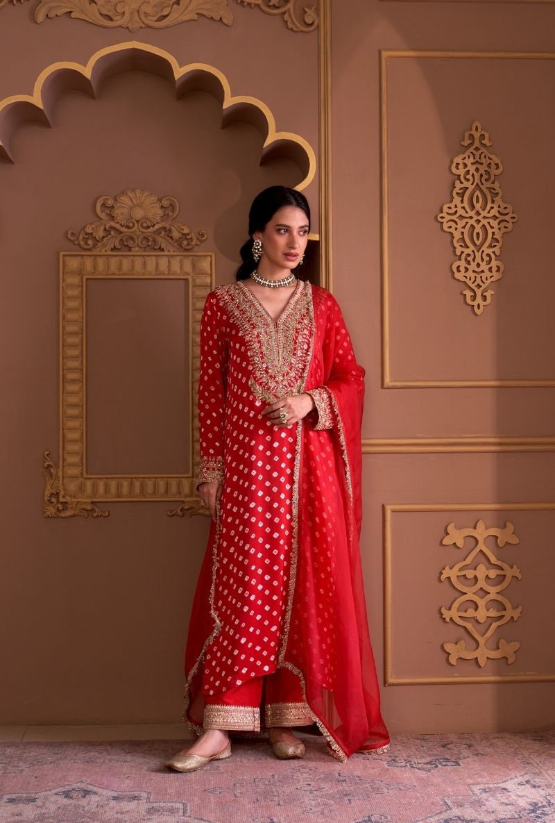 Red Bandhej Rasia Kurta Set