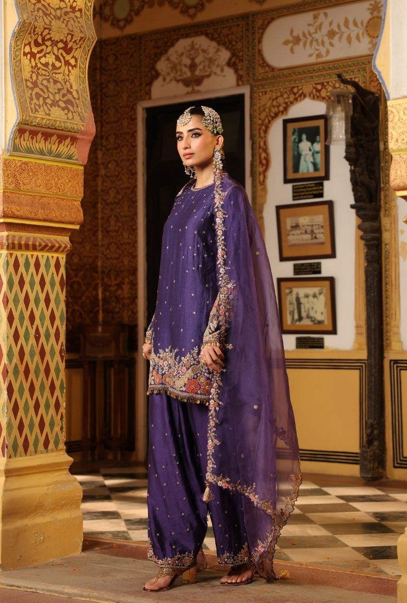 Purple Mayur Applique Heavy Dupatta Short Mehfil Kurta Set