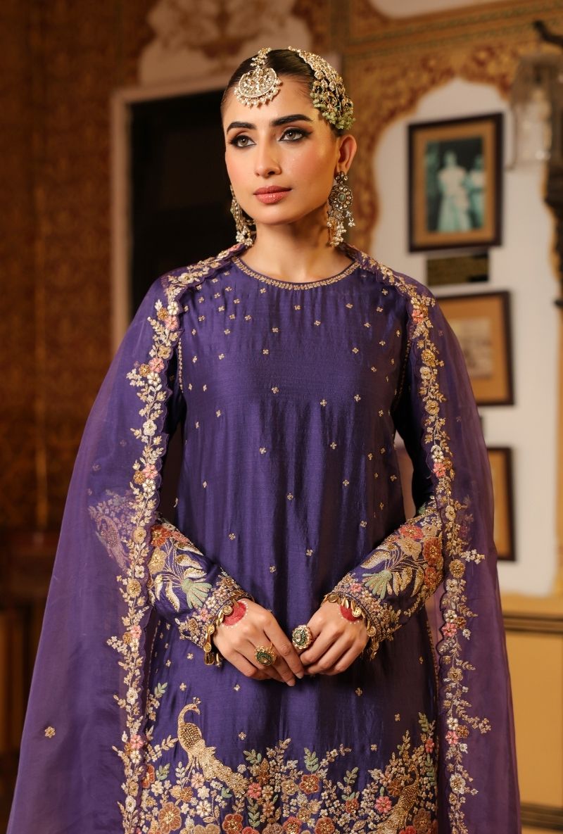 Purple Mayur Applique Heavy Dupatta Short Mehfil Kurta Set