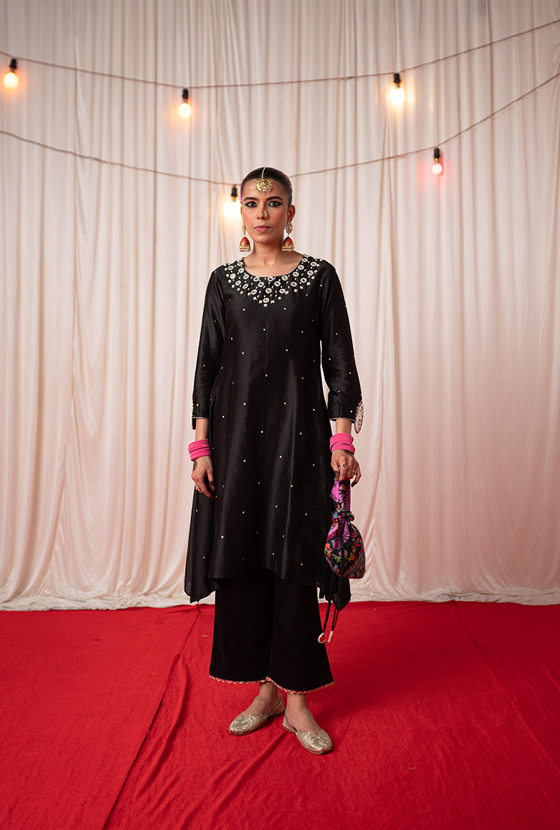 Black Embroidered A Line Kikli Kurta Set