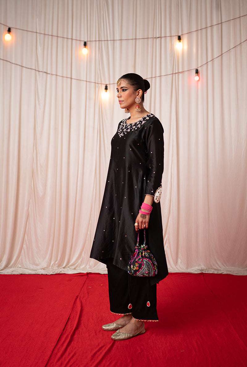 Black Embroidered A Line Kikli Kurta Set