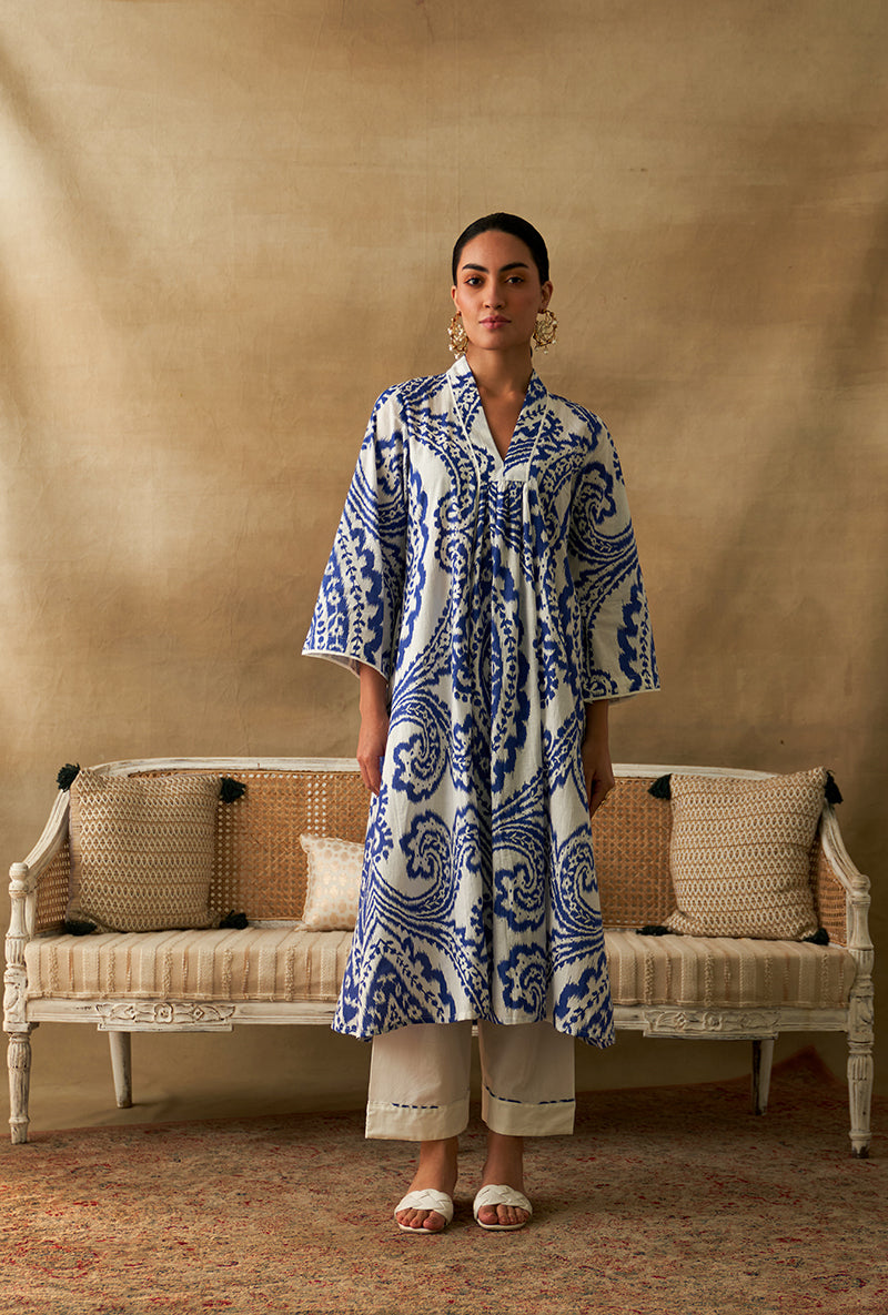 Blue Ikat Print Marigold Kurta Set