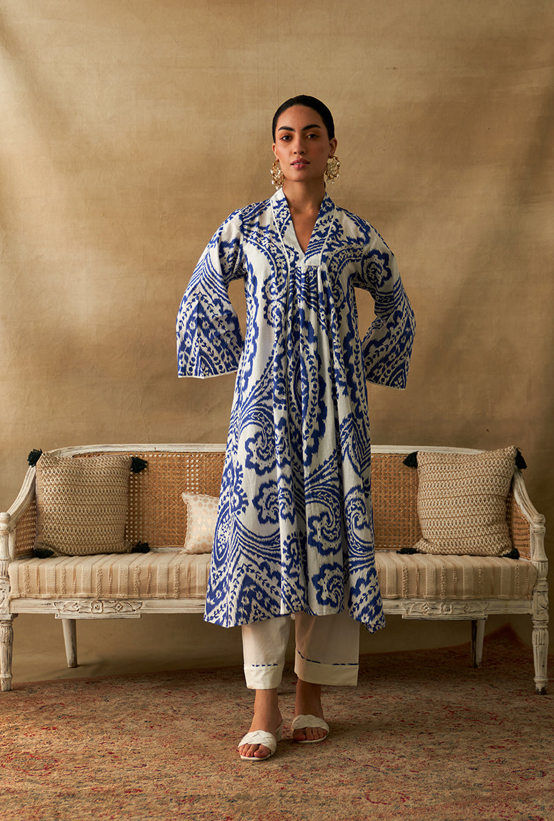 Blue Ikat Print Marigold Kurta Set