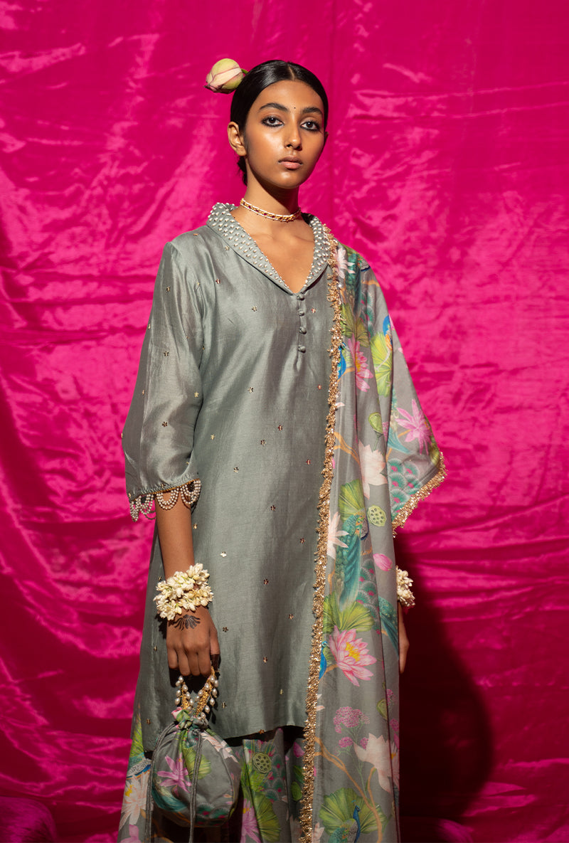 Grey Printed Kamli Sharara Set