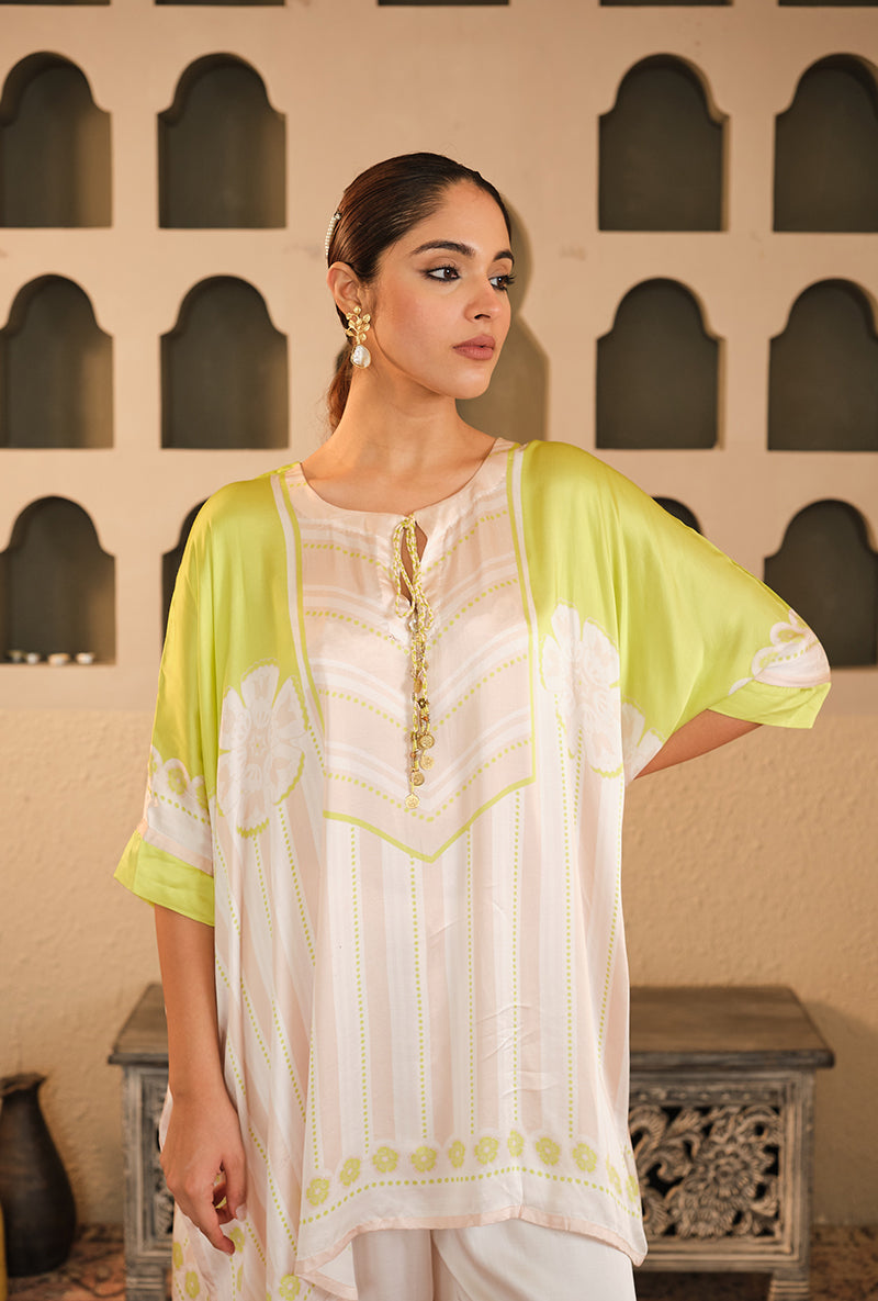 Ivory-Neon Asymmetric Goonj Co-Ord Set