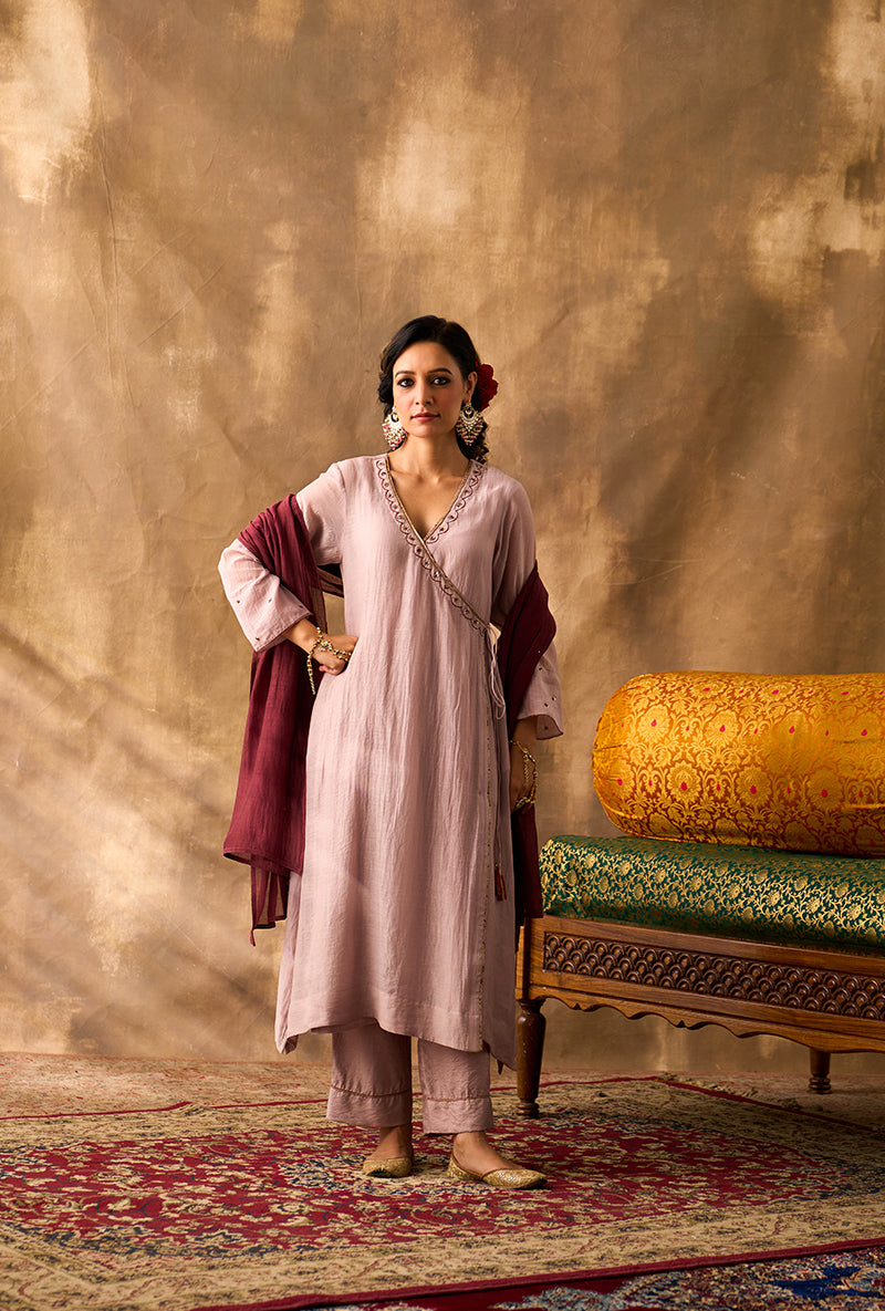 Mauve Hand Embroidered Khwaab Angrakha Set