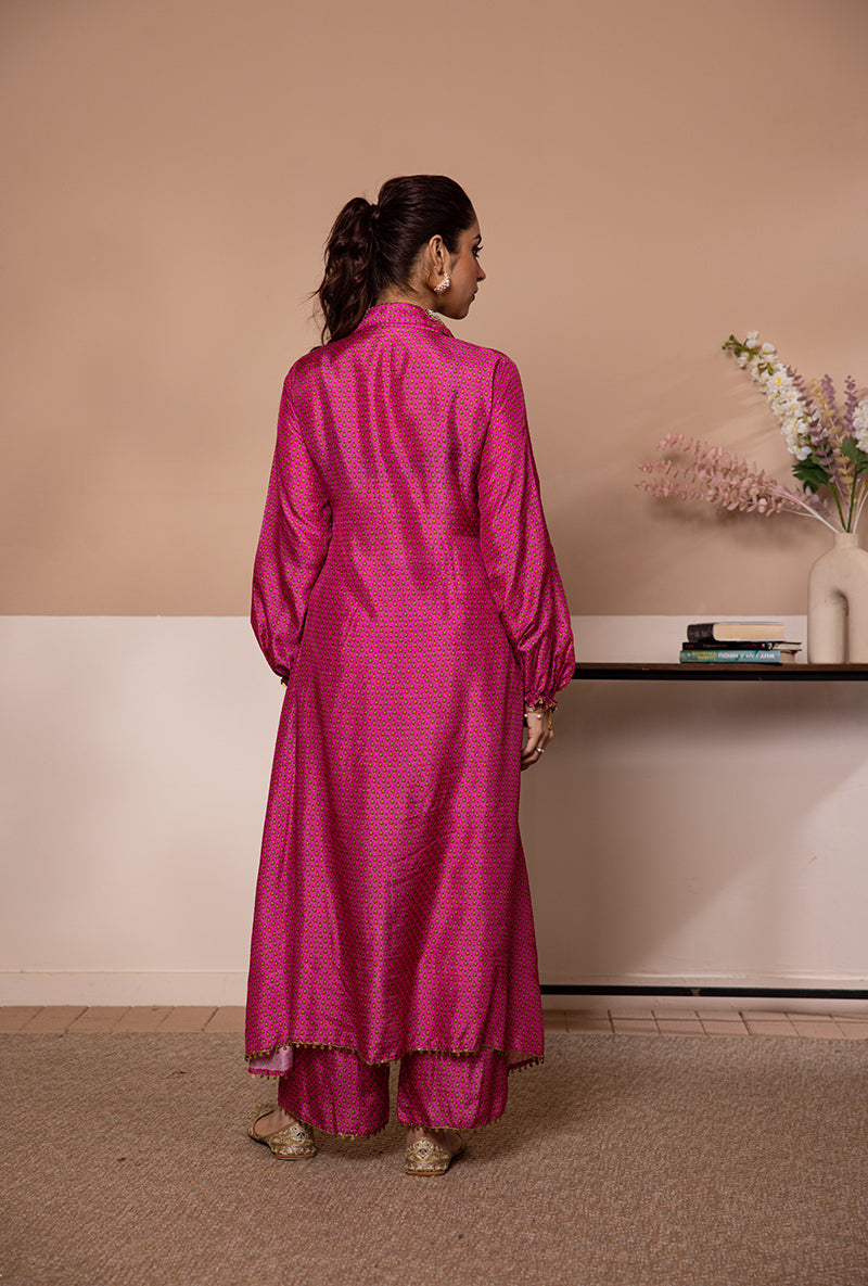 Pink Cheent Print Collar Shaheen Kurta Set