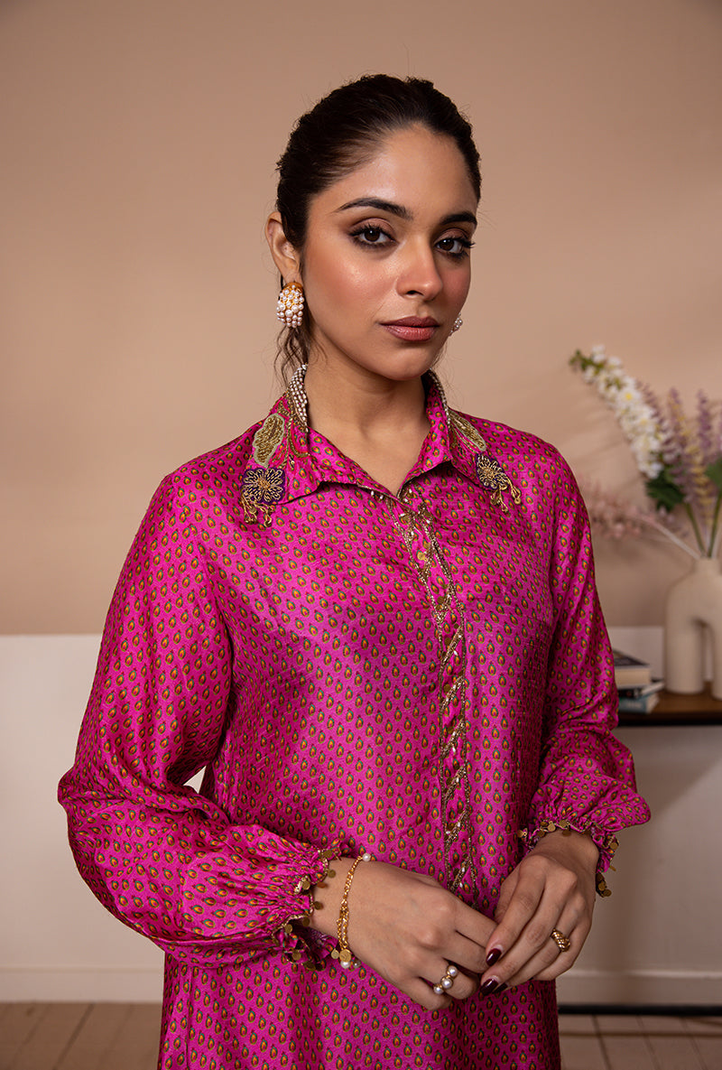Pink Cheent Print Collar Shaheen Kurta Set