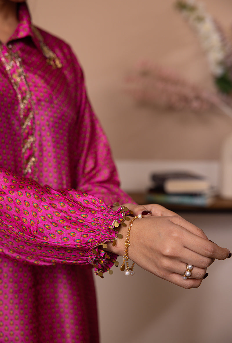 Pink Cheent Print Collar Shaheen Kurta Set