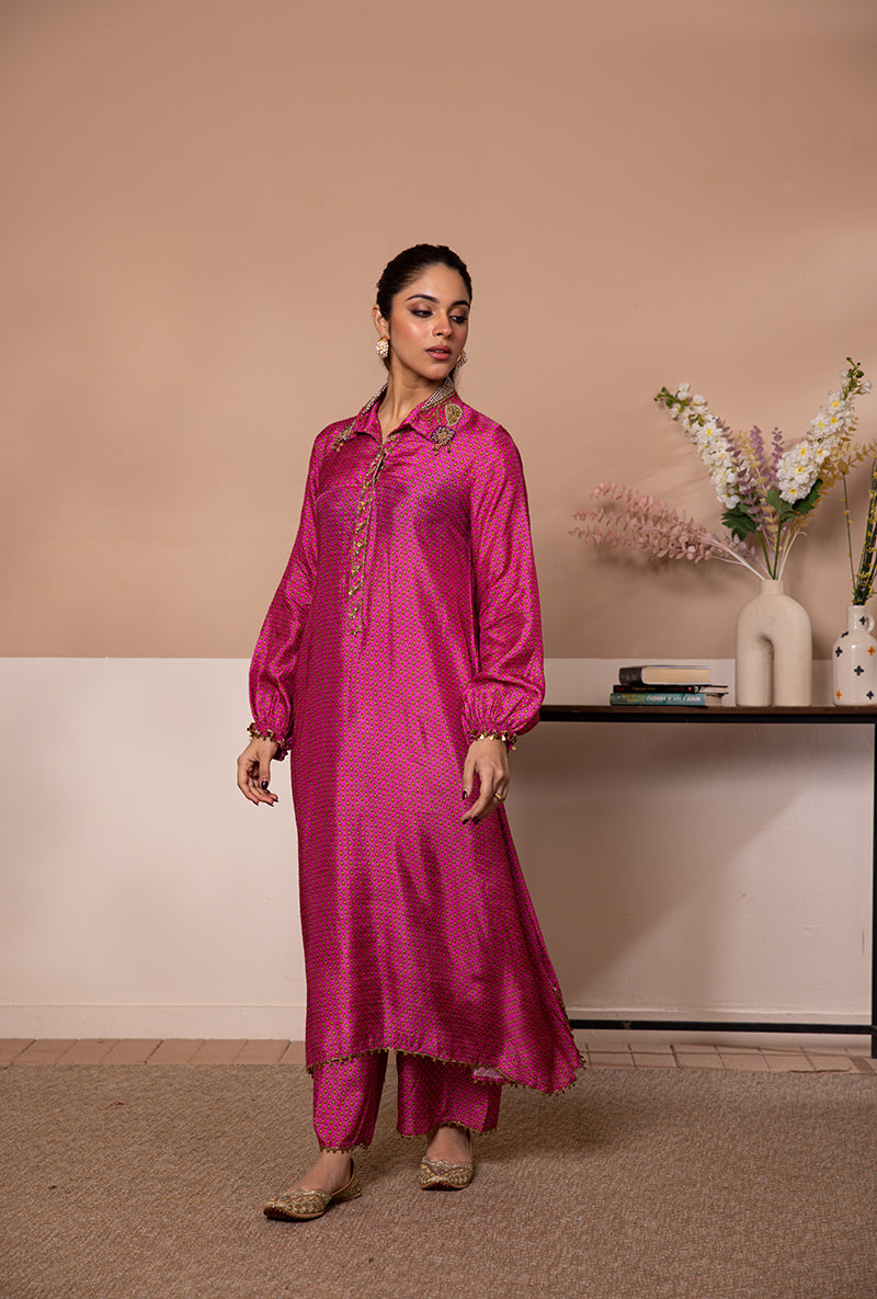 Pink Cheent Print Collar Shaheen Kurta Set