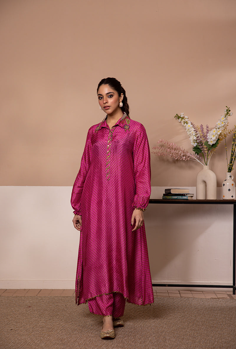 Pink Cheent Print Collar Shaheen Kurta Set