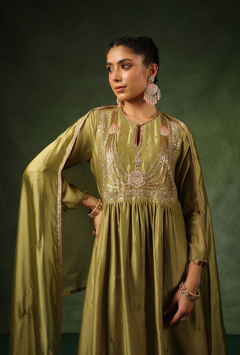Sage Green Heavy Zardosi Yoke Ishq Kurta Set