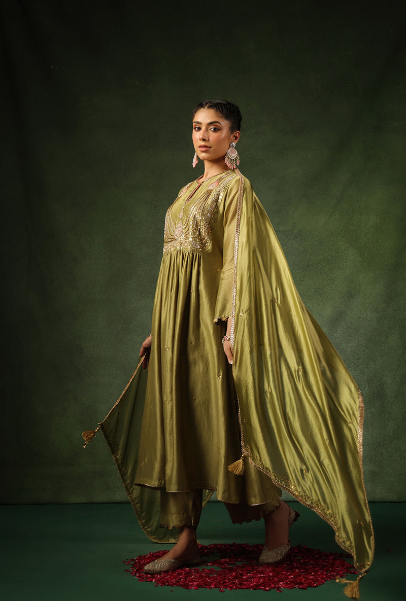 Sage Green Heavy Zardosi Yoke Ishq Kurta Set