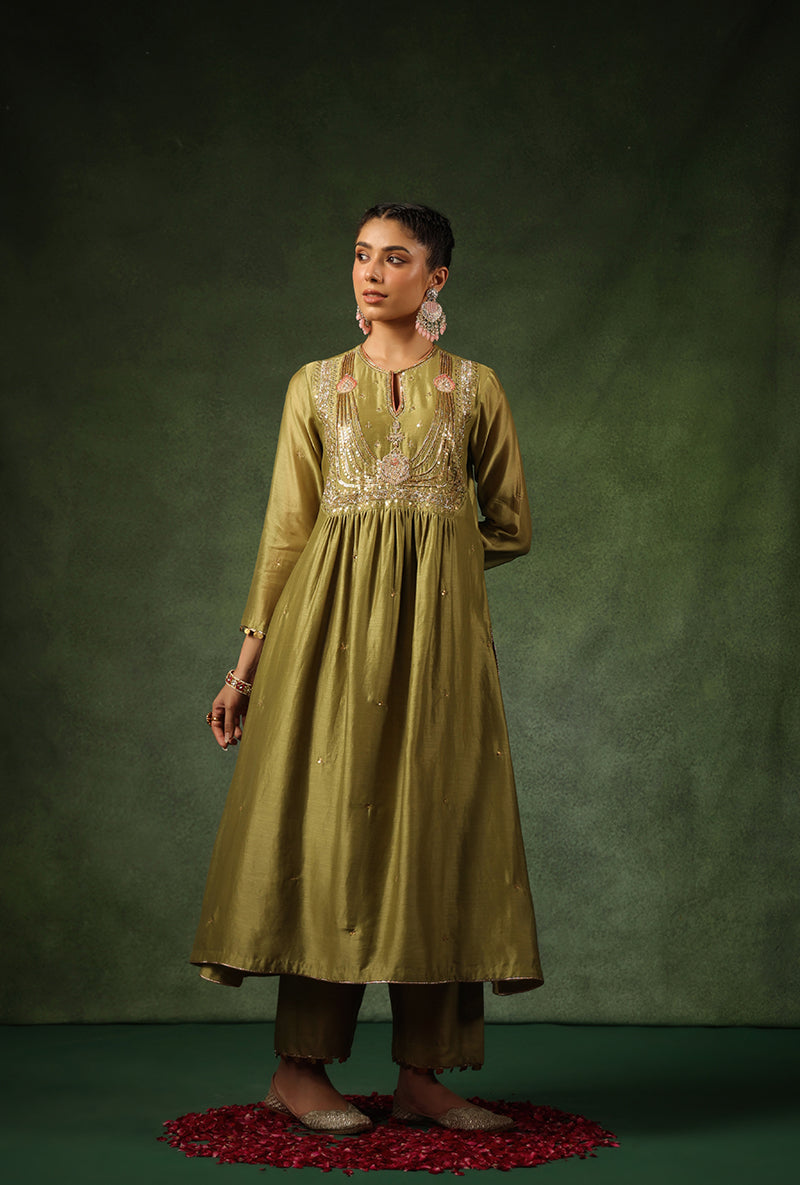Sage Green Heavy Zardosi Yoke Ishq Kurta Set