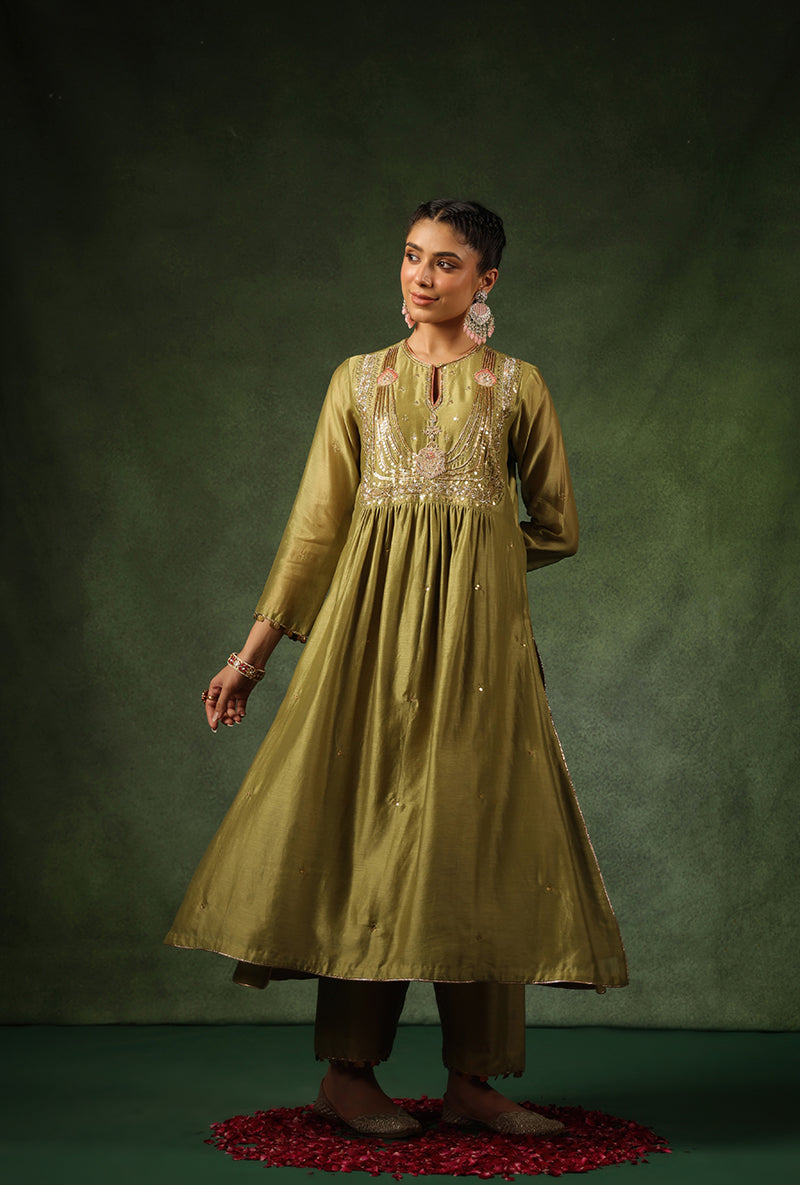 Sage Green Heavy Zardosi Yoke Ishq Kurta Set