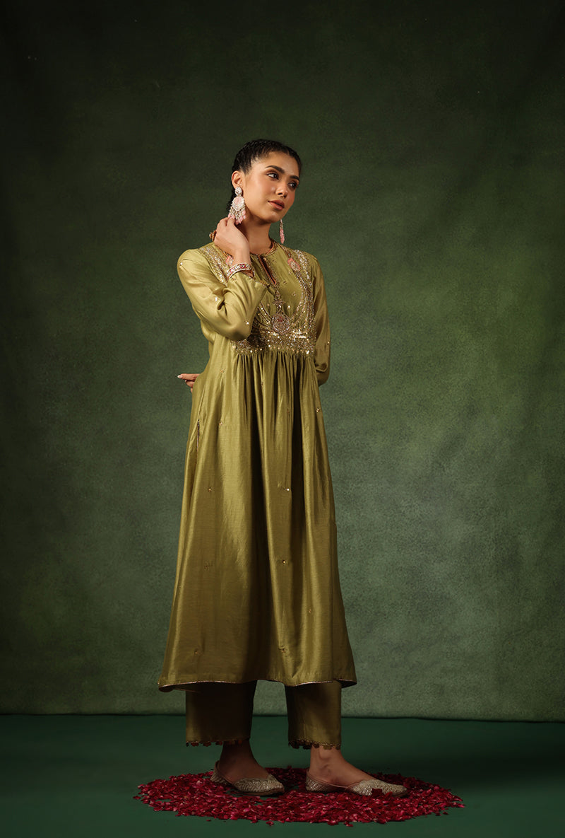 Sage Green Heavy Zardosi Yoke Ishq Kurta Set