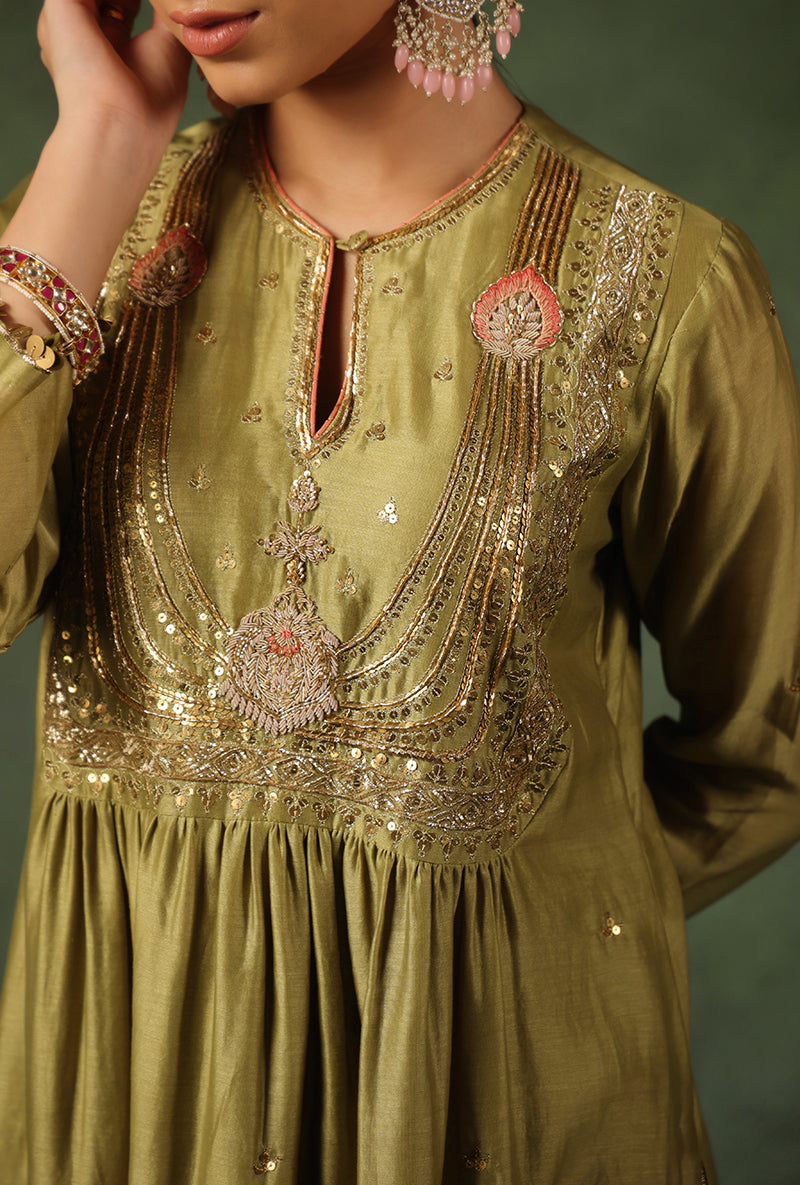 Sage Green Heavy Zardosi Yoke Ishq Kurta Set