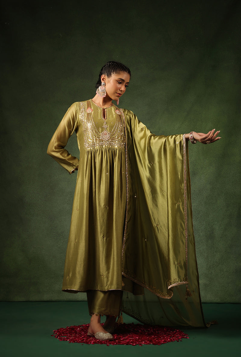 Sage Green Heavy Zardosi Yoke Ishq Kurta Set