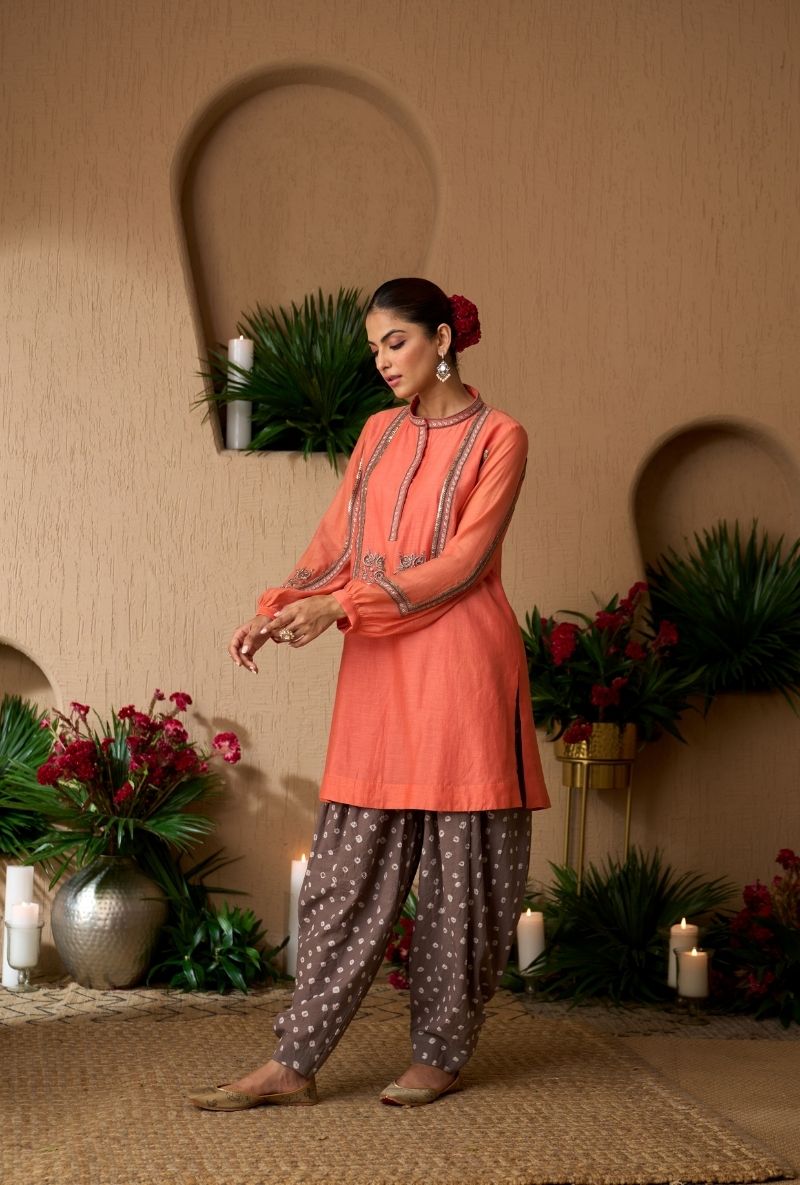 Peach Bandhej Dhoti Naveli Kurta Set