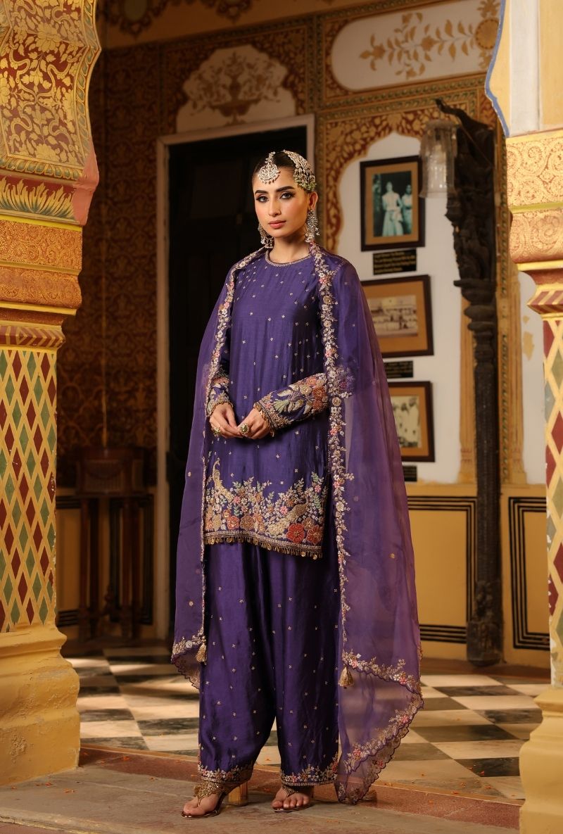 Purple Mayur Applique Heavy Dupatta Short Mehfil Kurta Set