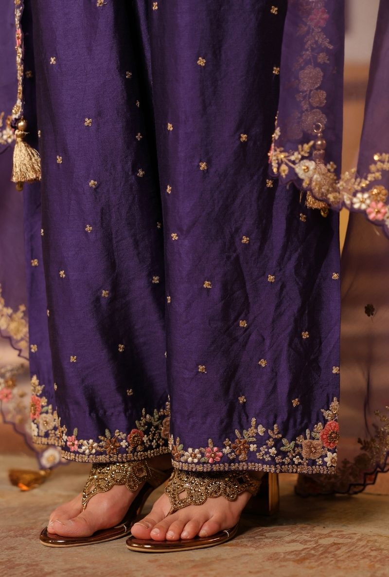 Purple Mayur Applique Heavy Dupatta Short Mehfil Kurta Set