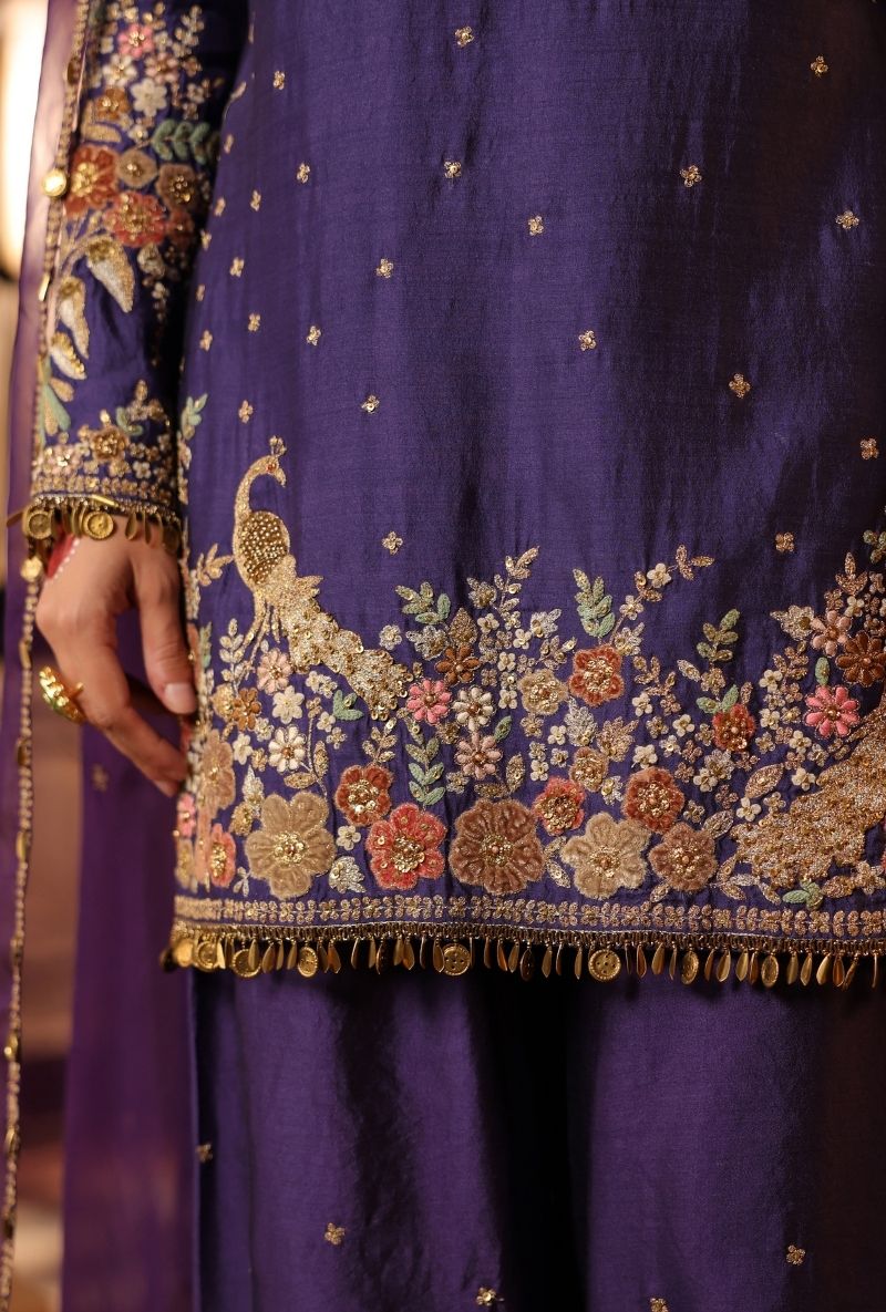 Purple Mayur Applique Heavy Dupatta Short Mehfil Kurta Set