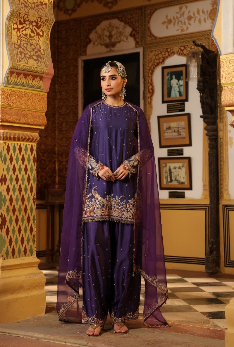 Purple Mayur Applique Short Mehfil Kurta Set