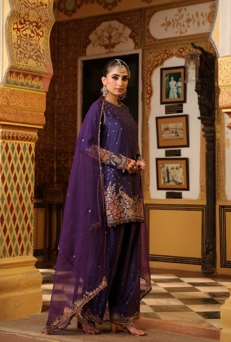 Purple Mayur Applique Short Mehfil Kurta Set