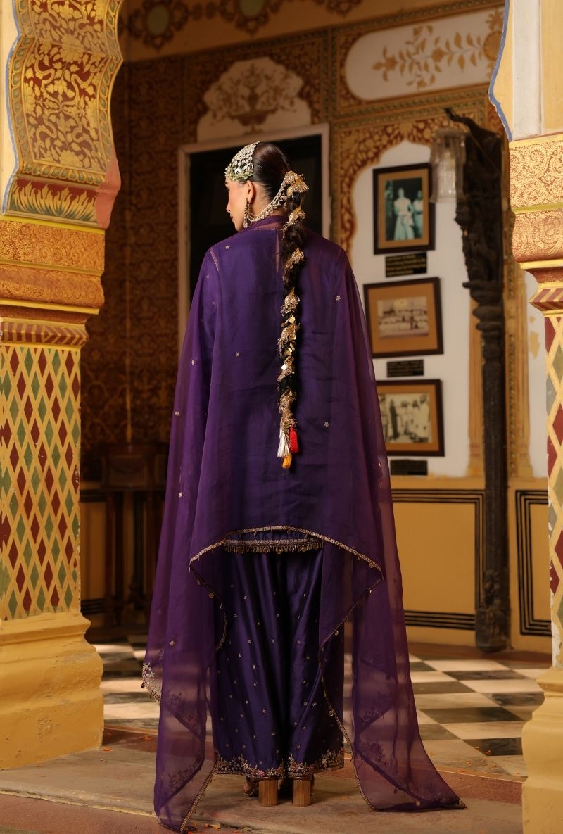 Purple Mayur Applique Short Mehfil Kurta Set