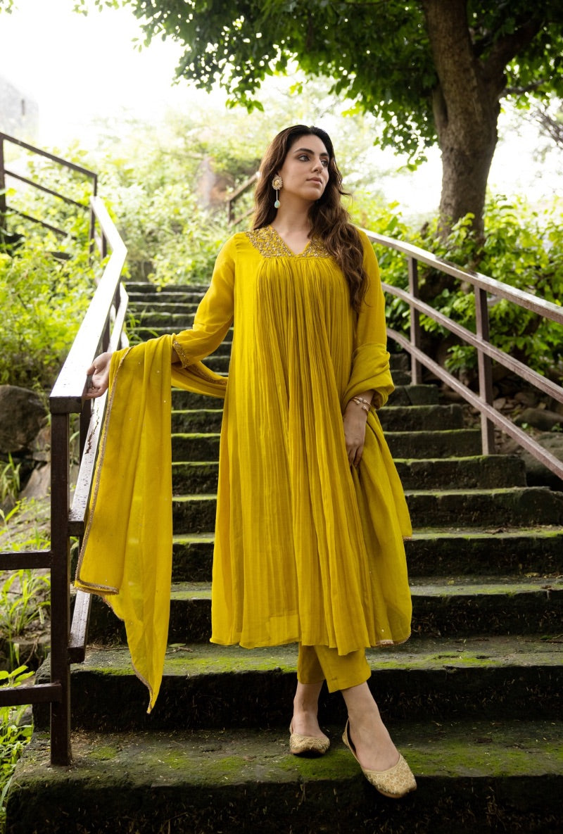 Yellow Front Pleat Kurta Set